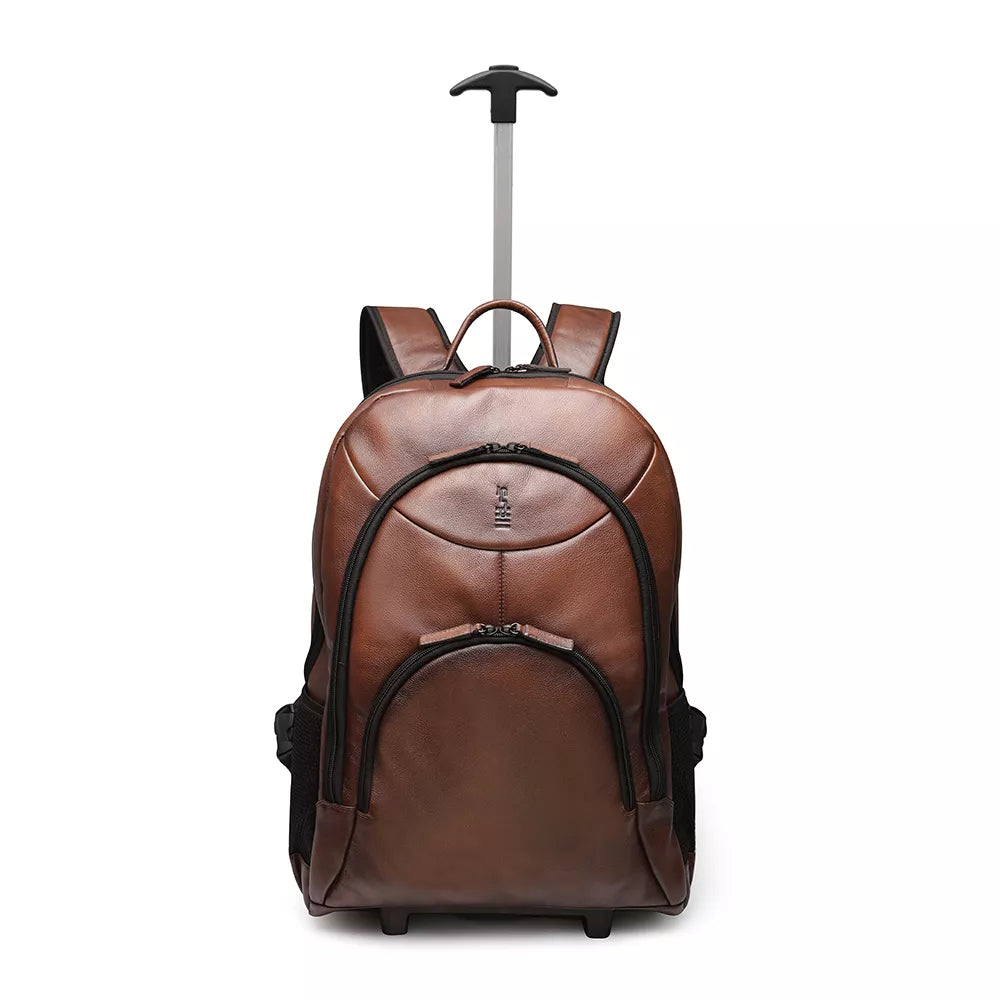 MOCHILA PORTA NOTEBOOK MASCULINA EM COURO COM RODINHAS MARROM
